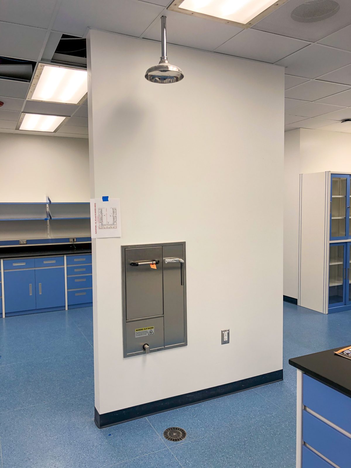 Emergency drench shower and recessed eyewash station in the new laboratory